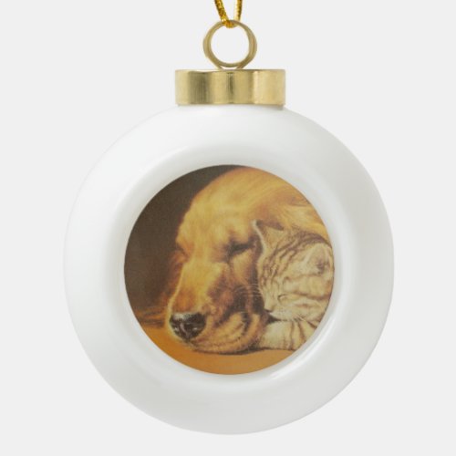 Whiskered Harmony Cat  Dog Cuddle in a Cozy Nap Ceramic Ball Christmas Ornament