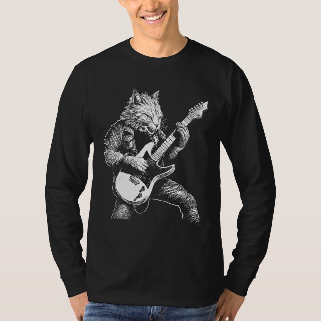 Whiskered Rockstar Cat Shredding the Strings T-Shirt (Front)
