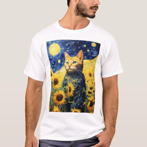 Whiskered Sunflowers A Playful Feline amidst Van  T_Shirt