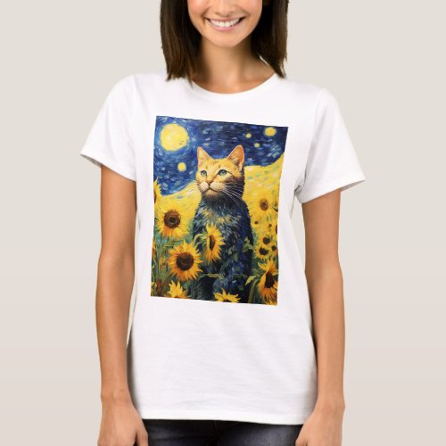 Whiskered Sunflowers A Playful Feline amidst Van  T_Shirt