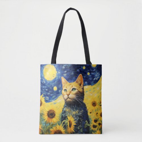Whiskered Sunflowers A Playful Feline amidst Van  Tote Bag