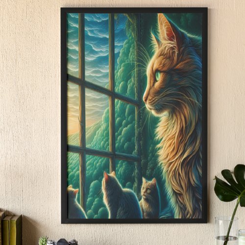 Whiskered Trio at Window Poster