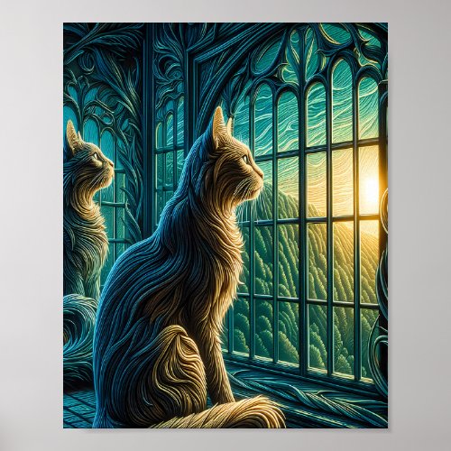 Whiskered Watchers by the Window Poster