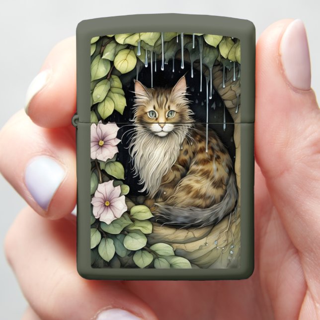 Whiskered Wonder in the Rain Zippo Lighter (In Hand)