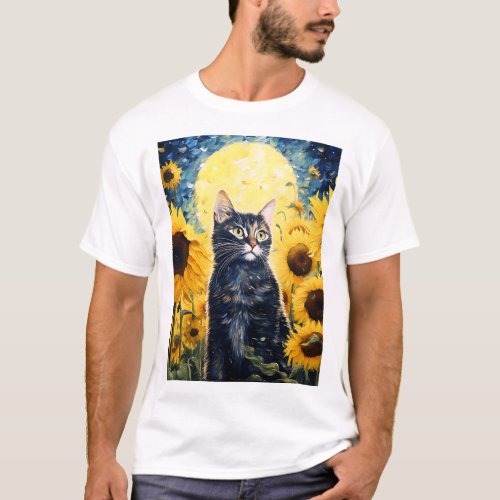 Whiskers and Sunflowers A Stylized Feline amidst  T_Shirt