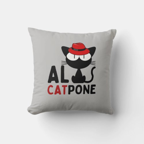 Whiskers of Mischief  Al Catpone  black cat Throw Pillow