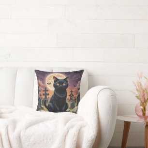 Whiskers of the Witching Hour - Black Cat Throw Pillow