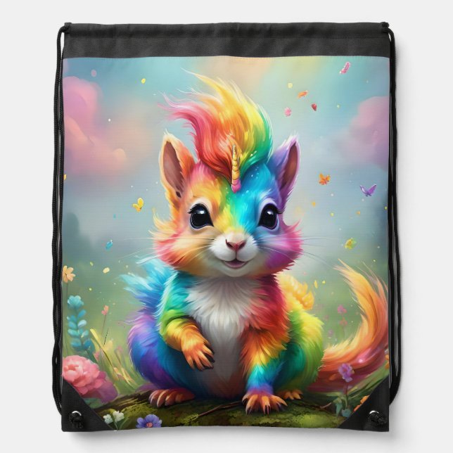 Whiskers of Wonder: The Rainbow Unicorn Squirrel  Drawstring Bag (Front)