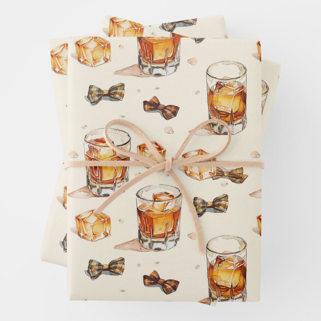 Whiskey and bow ties design wrapping paper sheets (In situ)