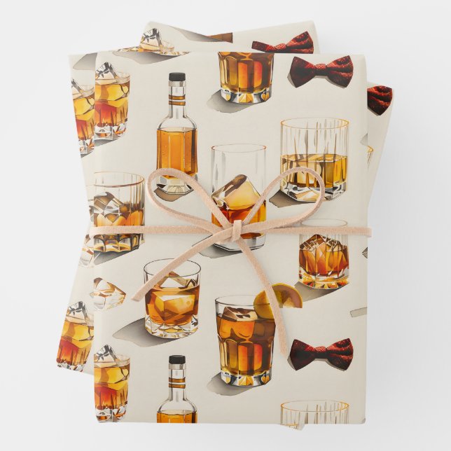 Whiskey and bow ties design wrapping paper sheets (In situ)