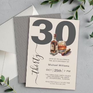 Whiskey and Cigars Masculine 30th Birthday Party Invitation