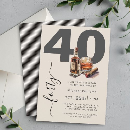 Whiskey and Cigars Masculine 40th Birthday Party Invitation