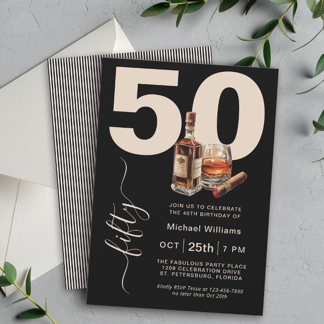 Whiskey and Cigars Masculine 50th Birthday Party Invitation (Available in both printed and instant download digital formats.)