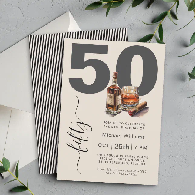 Whiskey and Cigars Masculine 50th Birthday Party Invitation | Zazzle