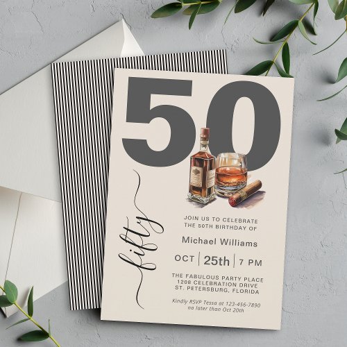 Whiskey and Cigars Masculine 50th Birthday Party Invitation