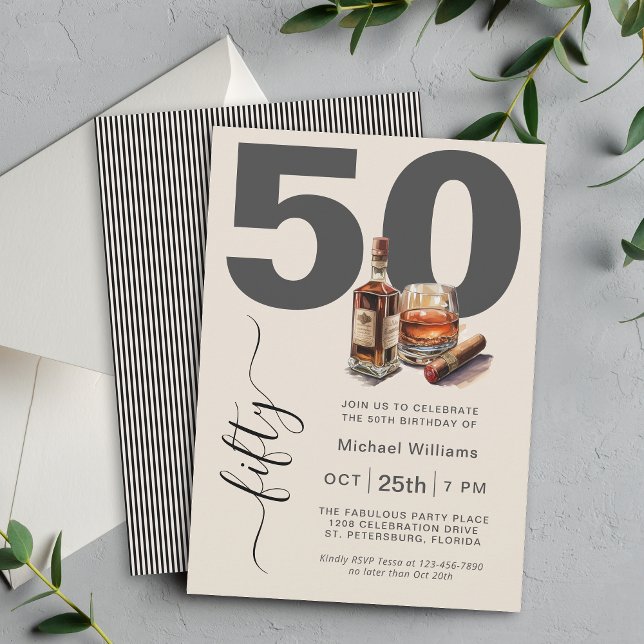 Whiskey and Cigars Masculine 50th Birthday Party Invitation (Available as printed and paperless digital download!)