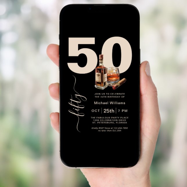 Whiskey and Cigars Masculine 50th Birthday Party Invitation (Front Digital)