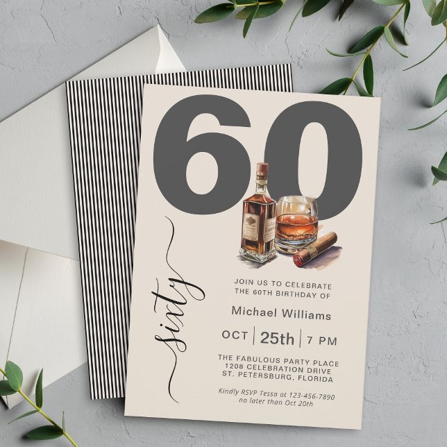 Whiskey and Cigars Masculine 60th Birthday Party Invitation (Available as printed and paperless digital download!)