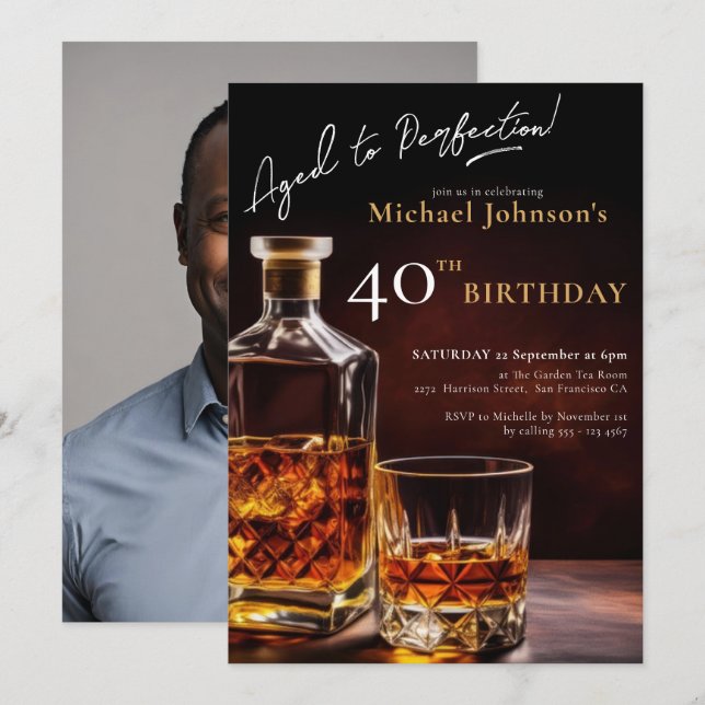 Whiskey Black Gold Photo 40th Birthday Party Invitation (Front/Back)
