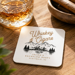 Whiskey & Cigars Bachelor Party Cabin Lake House Square Paper Coaster