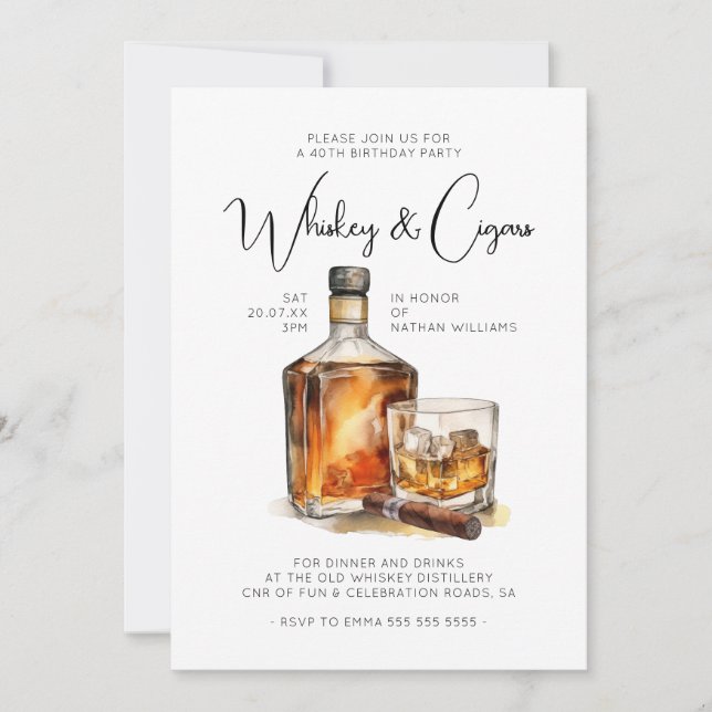 Whiskey & Cigars Gentlemen's Birthday Invitation (Front)
