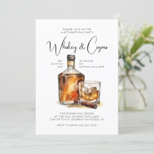 Whiskey & Cigars Gentlemen's Birthday Invitation | Zazzle