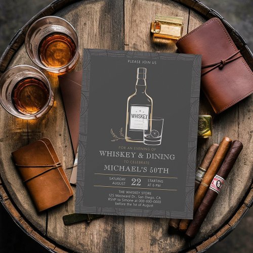 Whiskey Dining Black White Modern 50th Birthday Invitation