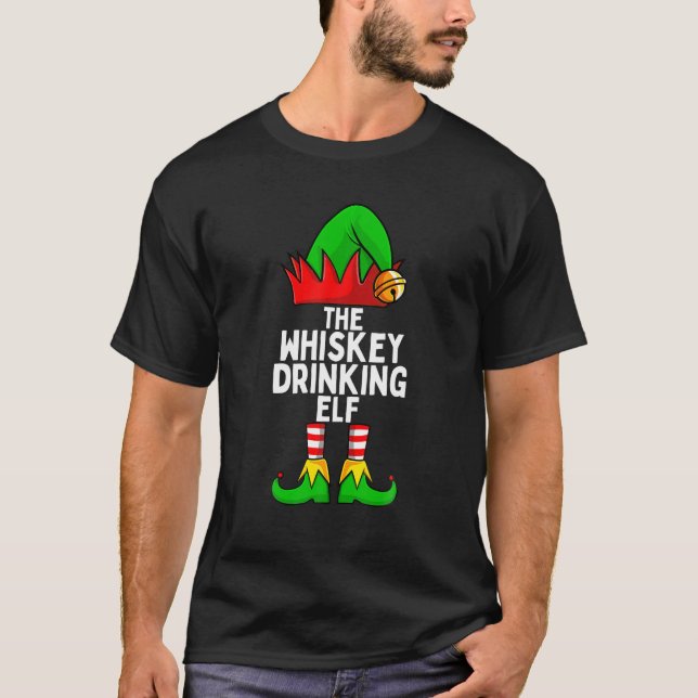 Whiskey Drinking Elf Matching Family Christmas T-Shirt (Front)