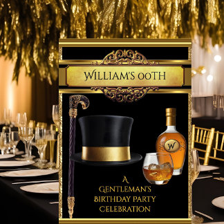 Whiskey Gentlemen Elegant Gold Black Birthday Invitation