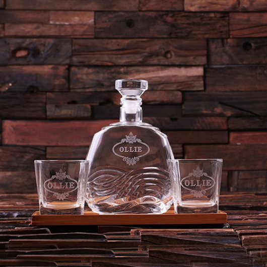 Whiskey Glass Set: Engraved Wood Tray & Decanter (Front)