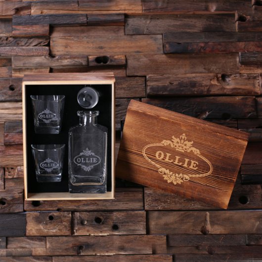 Whiskey Glass Set: Wooden Gift Box and Decanter (Inside)