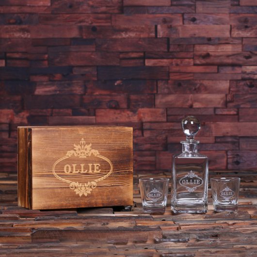 Whiskey Glass Set: Wooden Gift Box and Decanter (Front)