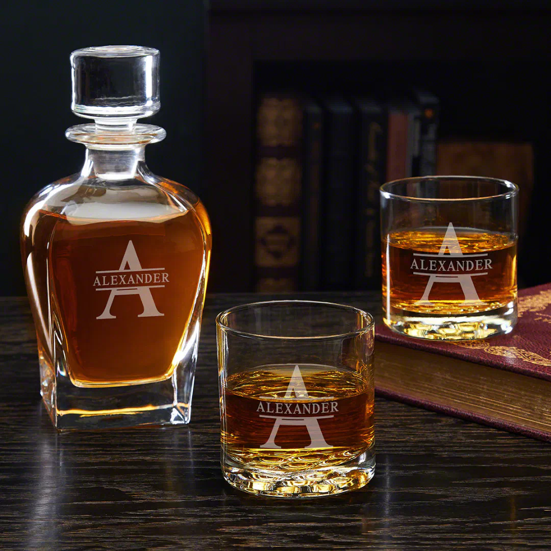 Whiskey Glasses Set with Oakmont Monogram Decanter (Front)