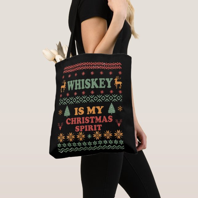 Whiskey is my christmas spirit funny ugly sweater tote bag (Close Up)