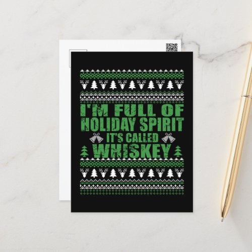 Whiskey is my spirit funny ugly christmas sweater  postcard
