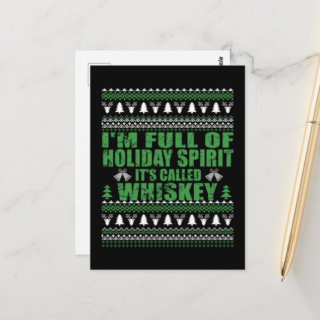 Whiskey is my spirit funny ugly christmas sweater  postcard (Front/Back In Situ)