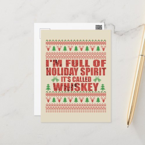 Whiskey is my spirit funny ugly christmas sweater  postcard