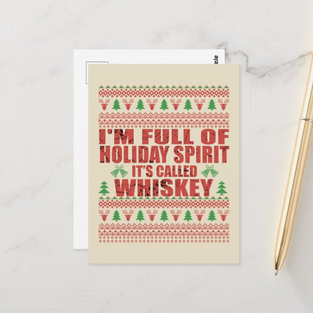 Whiskey is my spirit funny ugly christmas sweater  postcard (Front/Back In Situ)