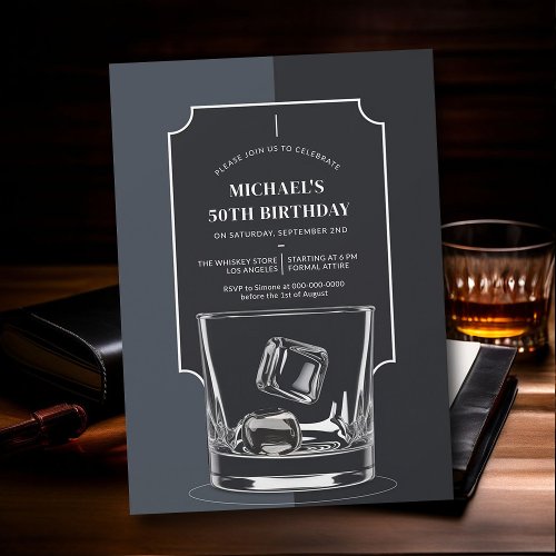 Whiskey Lover Black Grey Modern 50th Birthday Invitation