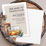 Whiskey Men's 60th Birthday Party Invitation<br><div class="desc">Elegant Whiskey-Themed Men's Birthday Invitation. Celebrate sixty years of life with this classic and masculine invitation featuring a large watercolor whiskey bottle and glass on the right side, giving it a modern twist. The top of the invitation reads "He's Aged to Perfection" in a mix of classic serif and distressed...</div>