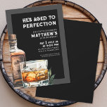 Whiskey Men's Birthday Party Invitation<br><div class="desc">Elegant Whiskey-Themed Men's Birthday Invitation. Celebrate fifty years with this classic, masculine invitation featuring a large watercolor whiskey bottle and glass on the right side for a modern twist. “He’s Aged to Perfection” appears at the top in elegant white serif fonts on a black background with a dark gray frame,...</div>