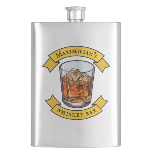 Whiskey On The Rocks Bar Emblem With Your Name Flask