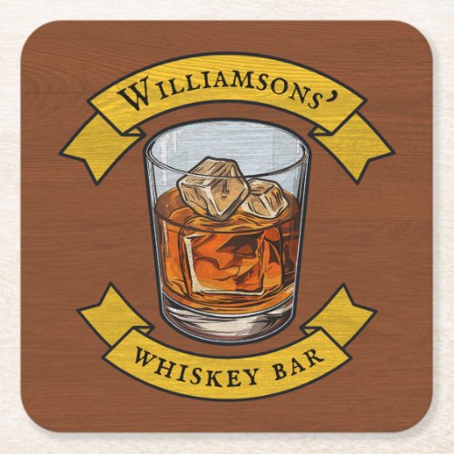 Whiskey On The Rocks Tumbler With Your Name Square Paper Coaster