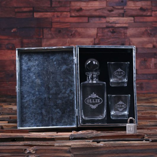 Whiskey Set: Metal Locked Box, Glasses & Decanter (Inside)