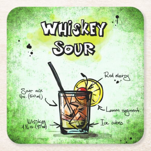 Whiskey Sour Drink Recipe Square Paper Coaster