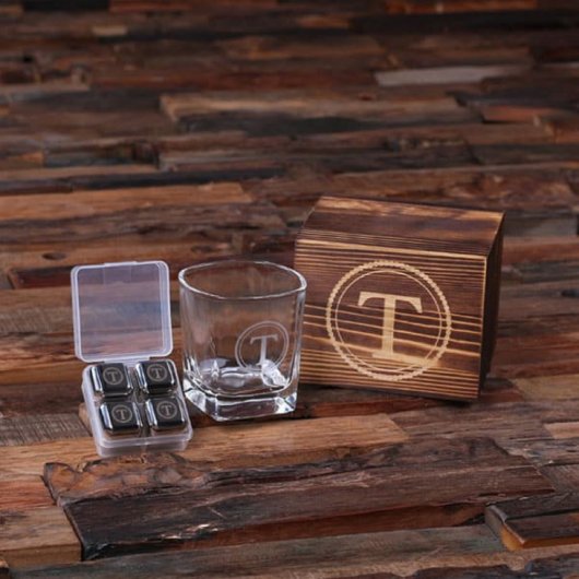 Whiskey Stone Gift Set with Monogram Rocks Glass (Front)
