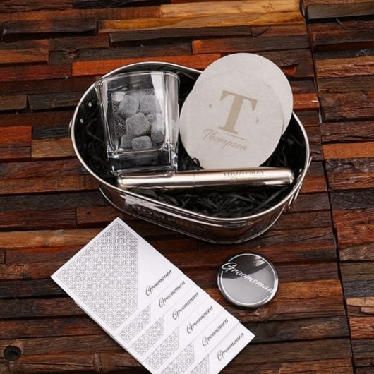 Whiskey Stones & Cigar Holder Set with Rocks Glass (Front)