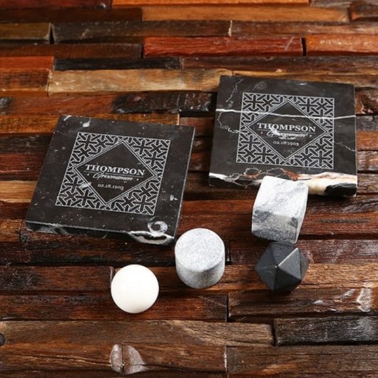 Whiskey Stones & Gift Box Set with Marble Coasters (Front)