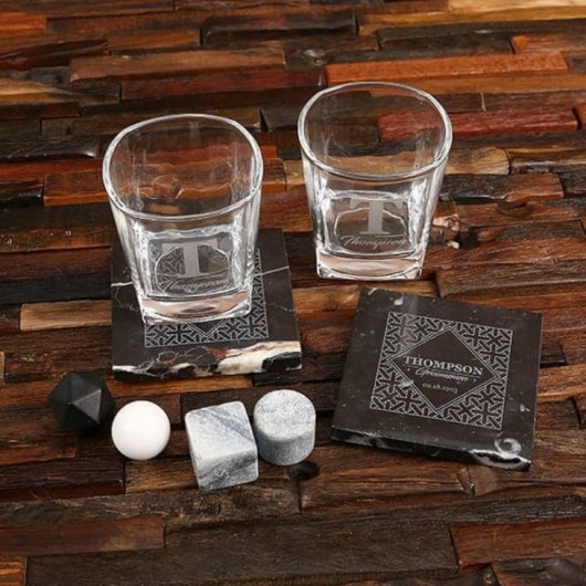 Whiskey Stones with Rocks Glasses and Coasters (Front)