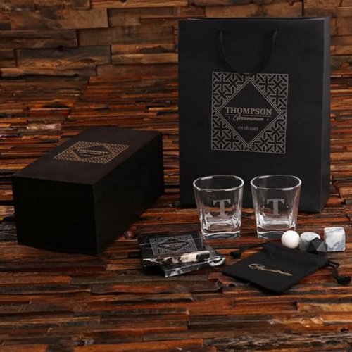 Whiskey Stones with Rocks Glasses and Coasters